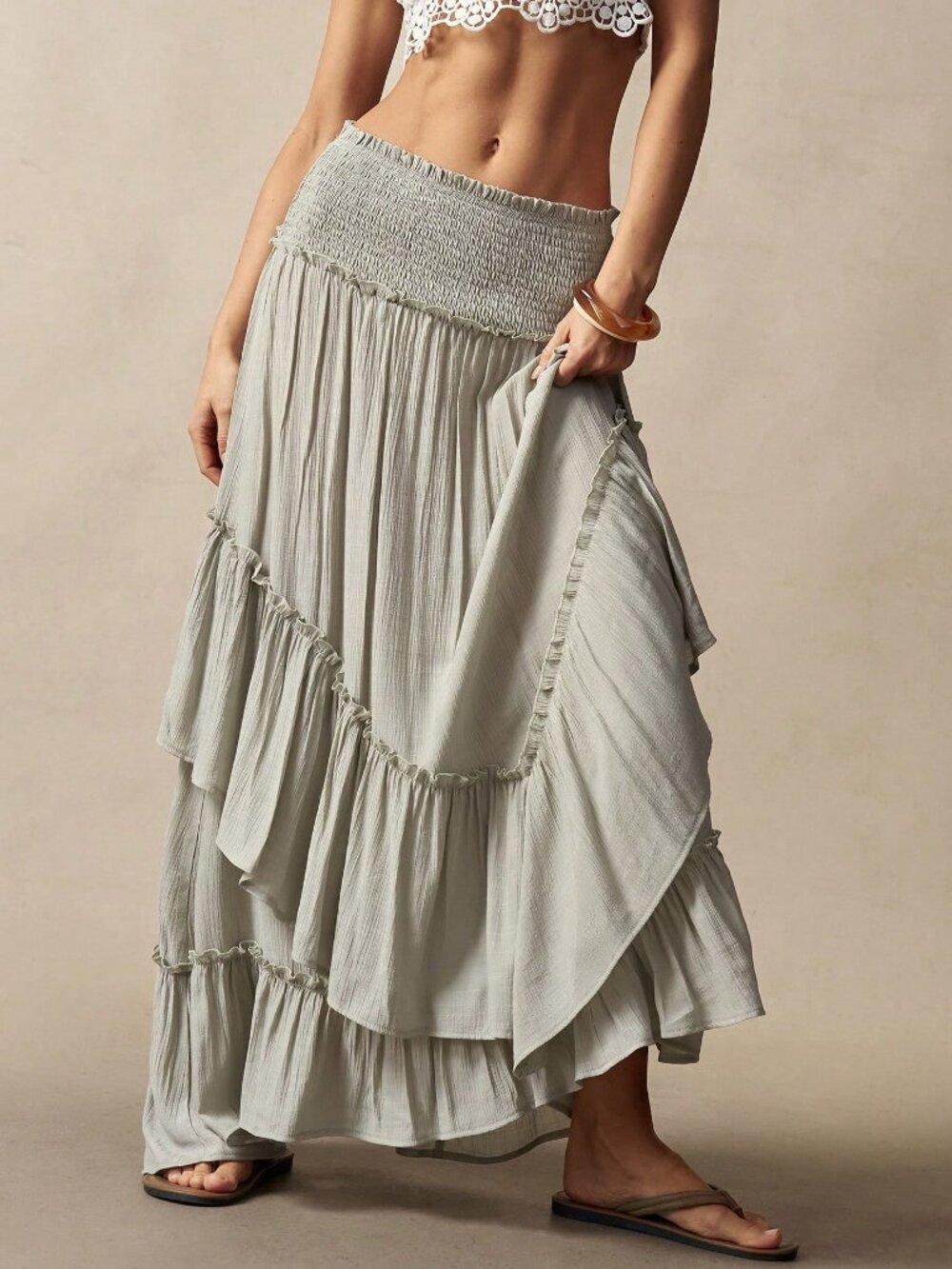 Green Boho Women's Bohemian Ruffle Midi Skirt with Convertible Tube Top - Picture 6 of 8